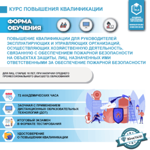 Повышение квалификации для руководителей эксплуатирующих и управляющих организаций, осуществляющих хозяйственную деятельность, связанную с обеспечением пожарной безопасности на объектах защиты, лиц, назначенных ими ответственными за обеспечение пожарной безопасности